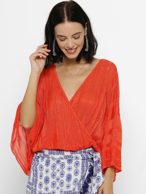 

FOREVER 21 Women Orange Sheer Mesh Surplice Top