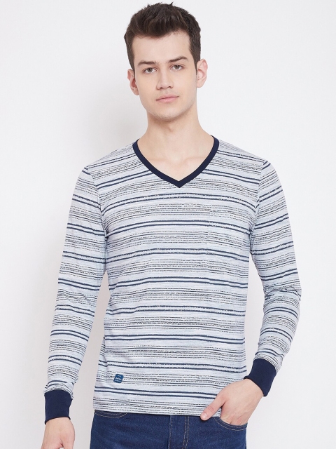 

Adobe Men Off-White & Navy Blue Striped V-Neck T-shirt