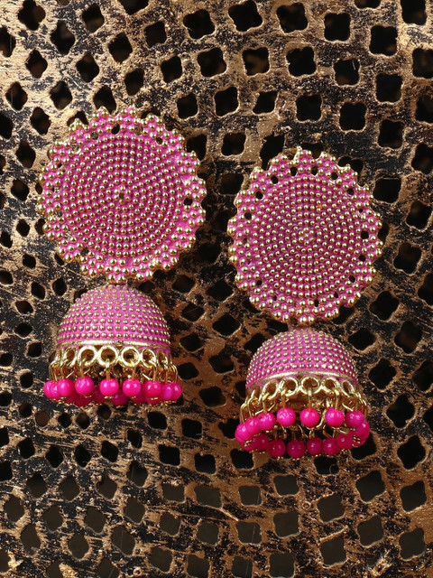 

ANIKAS CREATION Pink Gold Plated Oxidised Dome Shaped Jhumkas