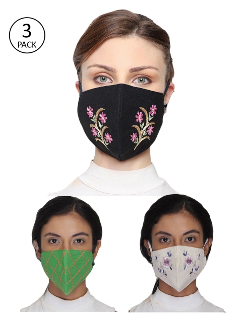 

Anekaant Women Pack of 3 Embroidered 3-Ply Anti-Pollution Reusable Cloth Masks, Black