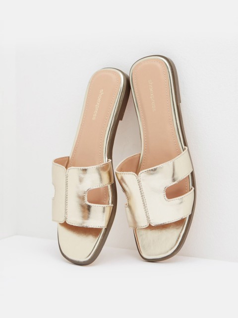 

shoexpress Women Gold-Toned Solid PU Open Toe Flats