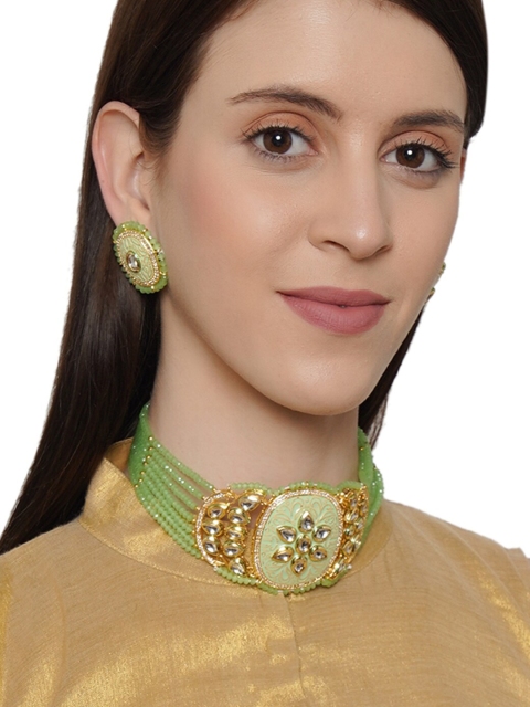 

Shoshaa Gold-Plated Green & White Kundan-Studded Beaded Enamelled Handcrafted Jewellery Set
