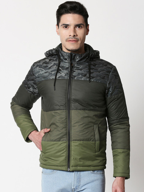 

Bewakoof Men Olive Green Camouflage Printed Puffer Jacket