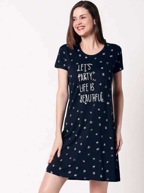 

Zeyo Women Navy Blue & White Printed Nightdress