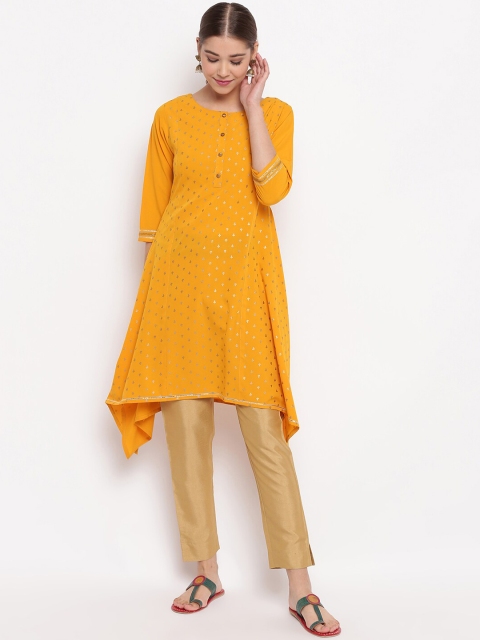 

Janasya Women Mustard Yellow Printed A-Line Kurta