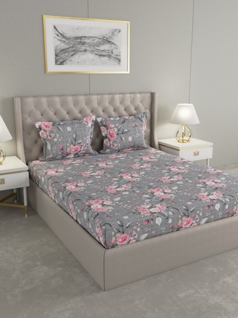 

Raymond Home Grey & Pink Floral 104 TC Cotton 1 King Bedsheet with 2 Pillow Covers