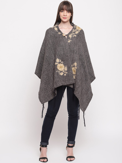 

HK colours of fashion Women Black Embroidered Asymmetric Poncho