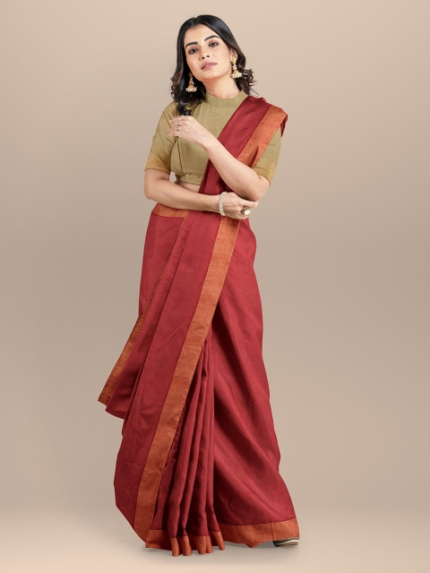

BharatSthali Red Solid Pure Silk Saree