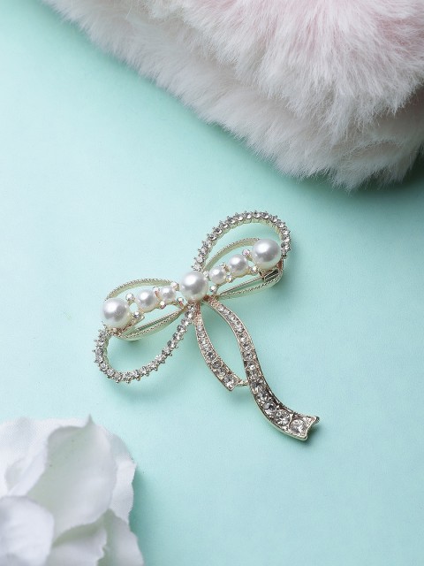 

Mali Fionna Women Rose Gold-Toned & White Artificial Stones & Beads Studded Bow-Shaped Brooch