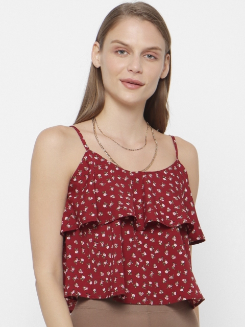 

FOREVER 21 Women Maroon Floral Printed Tiered Top