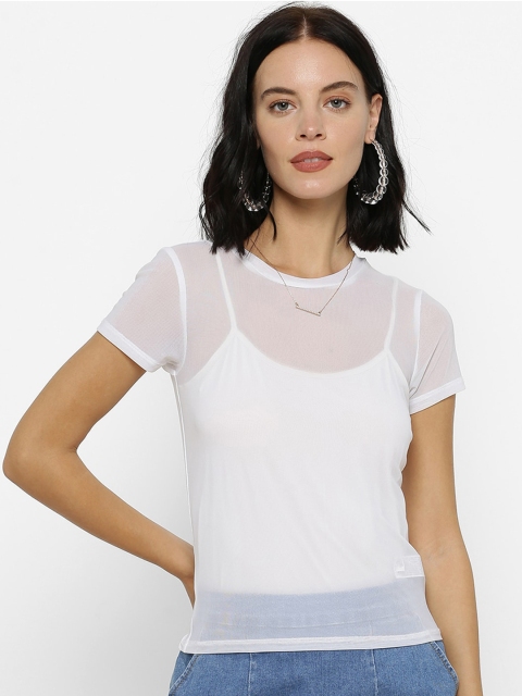 

FOREVER 21 Women White Solid Sheer Top