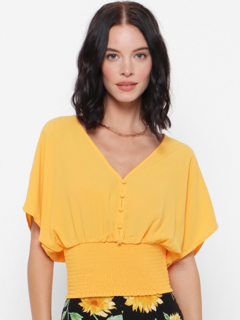 

FOREVER 21 Women Yellow Solid Cinched Waist Top