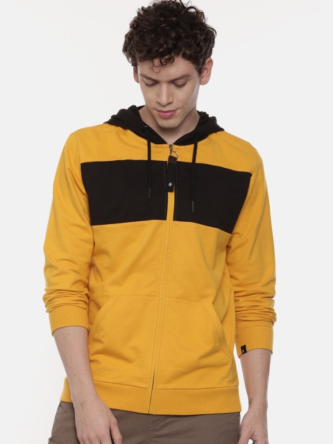 

Breakbounce Men Mustard Yellow & Black Colourblocked Hooded Sweatshirt