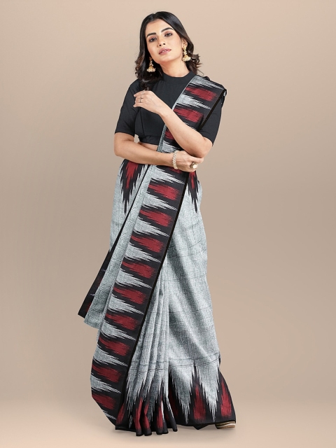 

BharatSthali Grey & Maroon Pure Cotton Solid Woven Design Ikat Saree