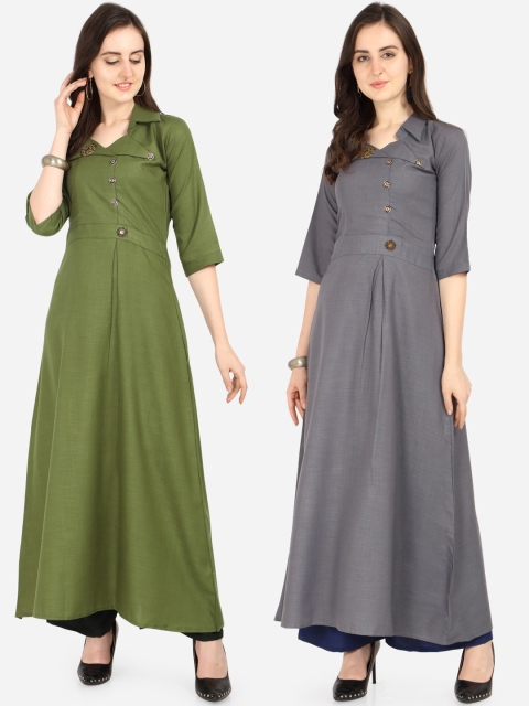 

Florence Women Pack Of 2 Green & Grey Solid Anarkali Kurta