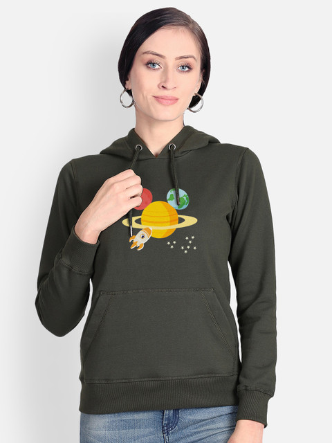

Free Authority Women Olive Green Printed Hooded Sweatshirt