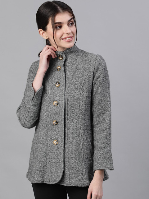 

Ishin Women Grey Self Design Lightweight Tailored Jacket