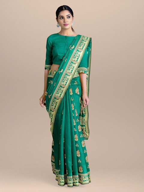 

BharatSthali Green Silk Cotton Printed Baluchari Saree