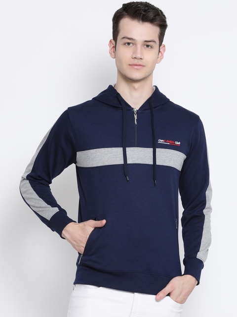 

Genx Men Navy Blue & Grey Colourblocked Hooded Sweatshirt