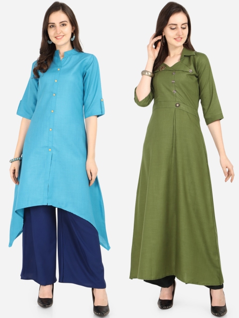 

Florence Women Blue & Green Solid A-Line Kurta