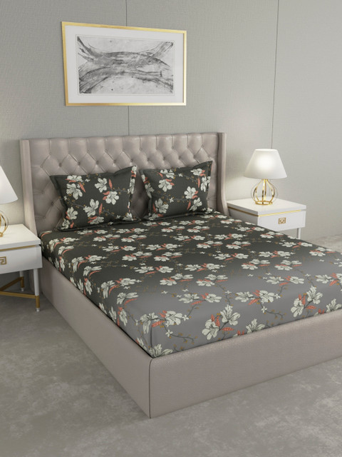 

Raymond Home Grey & Brown Floral Printed 104 TC Cotton Double King Bedsheet With 2 Pillow Covers