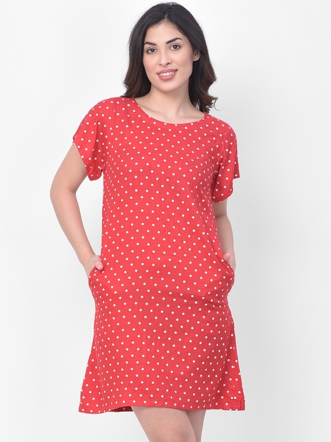 

Clovia Women Red & White Polka Dot Print Sleep Shirt with Belt