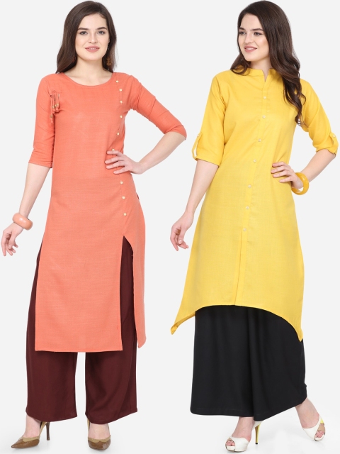 

Florence Women Pack Of 2 Peach-Coloured & Yellow Solid A-Line Kurta