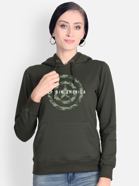 

Free Authority Women Olive Green Captain America Printed Hooded Sweatshirt