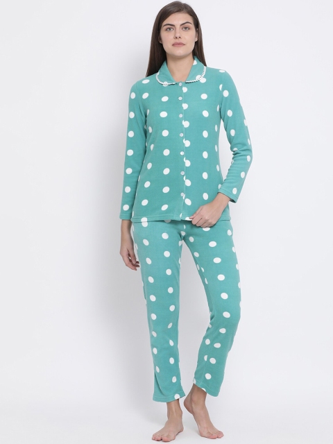 

Kanvin Women Green & White Polka Dots Printed Polar Fleece Night Suit