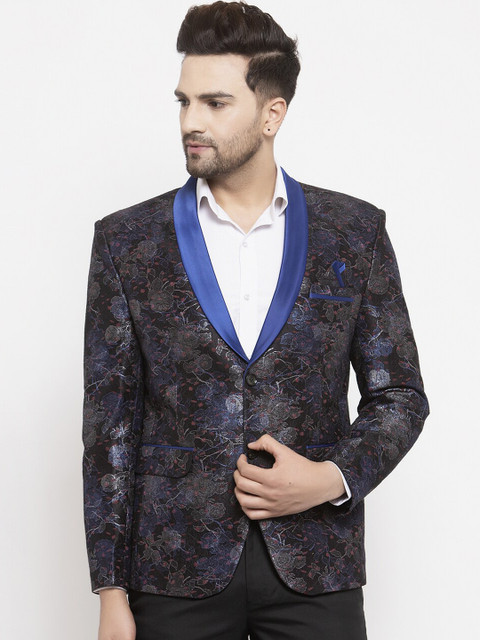 

KLOTTHE Men Black & Silver-Coloured Printed Slim-Fit Single-Breasted Blazers