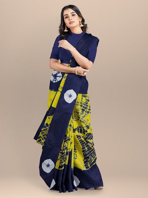 

BharatSthali Navy Blue & Yellow Pure Cotton Printed Handloom Saree