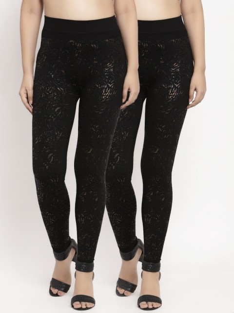

KLOTTHE Women Pack of 2 Ankle-Length Printed Skinny-Fit Treggings, Black