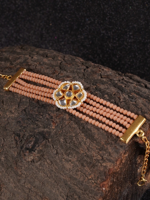 

Shoshaa Gold-Plated Peach-Colour & White Kundan-Studded Beaded Handcrafted Bracelet