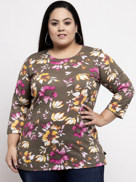 

plusS Women Brown Floral Printed Pure Cotton Top