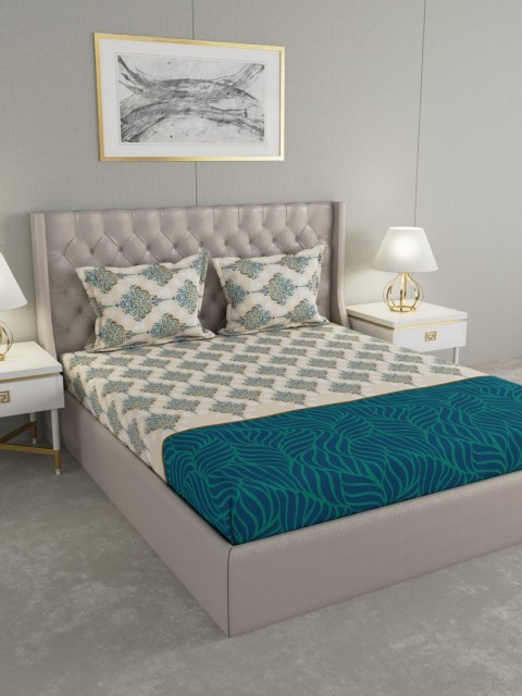 

Raymond Home Beige & Blue Printed 104 TC Bedsheet With 2 Pillow Covers