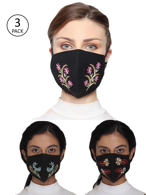 

Anekaant Women Pack of 3 Black Embroidered 3-Ply Anti-Pollution Reusable Cloth Masks