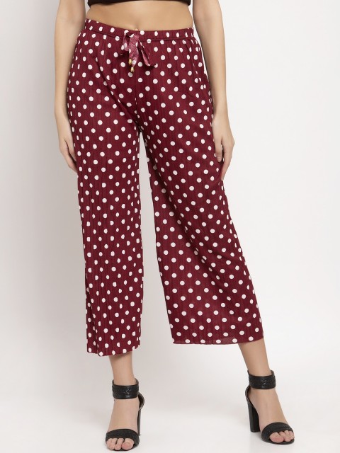 

KLOTTHE Women Maroon & White Polka Dots Printed Straight Fit Cropped Palazzos