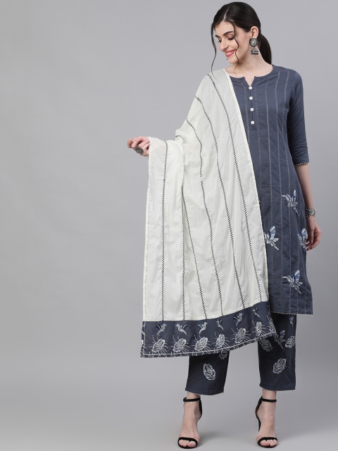 

Ishin Women Grey Embroidered Kurta with Trousers & Dupatta