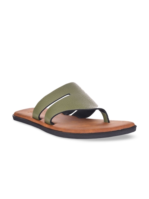 

SKO Men Olive Green & Brown Solid Leather Comfort Sandals