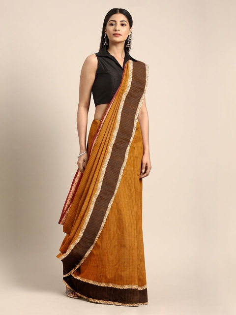 

Mitera Yellow & Brown Pure Cotton Striped Taant Saree