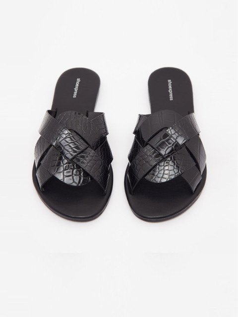 

shoexpress Women Black Textured PU Open Toe Flats