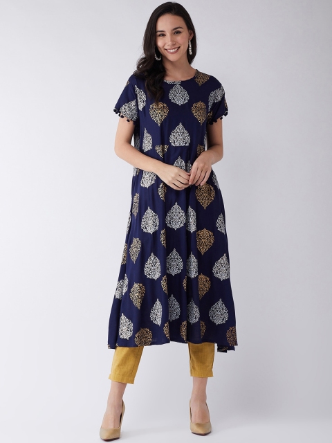 

InWeave Women Navy Blue & Gold-Toned Printed Kurta with Trousers