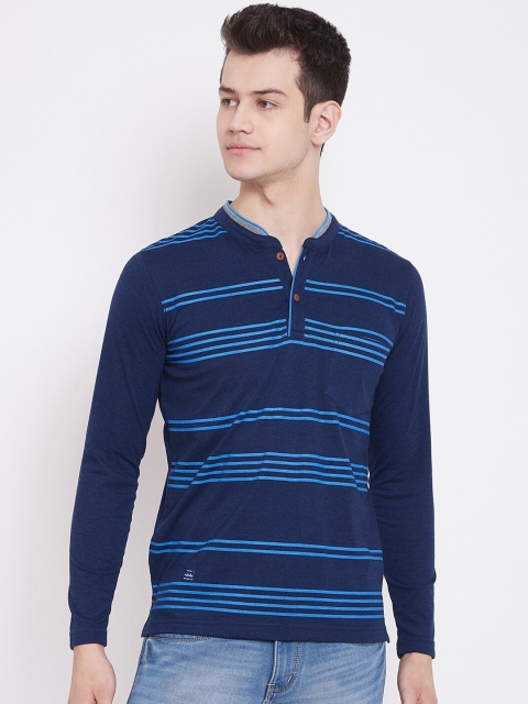 

Adobe Men Navy Blue Striped Henley Neck T-shirt