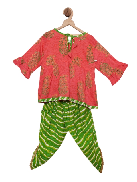 

Chipbeys Girls Pink & Green Embroidered Kurti with Dhoti Pants & Dupatta
