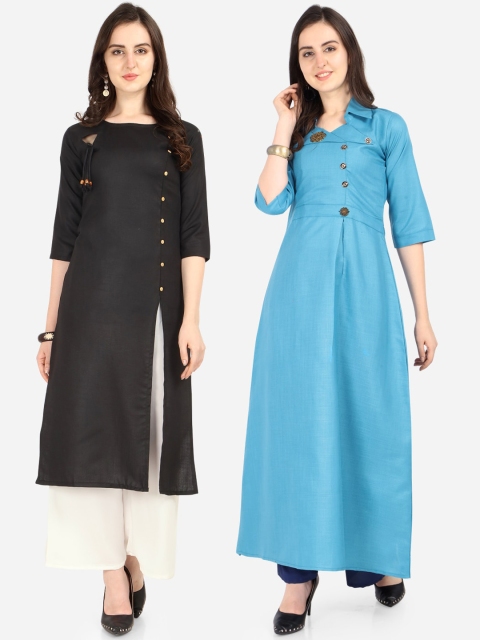 

Florence Women Pack of 2 Black & Turquoise Blue Solid A-Line Kurta