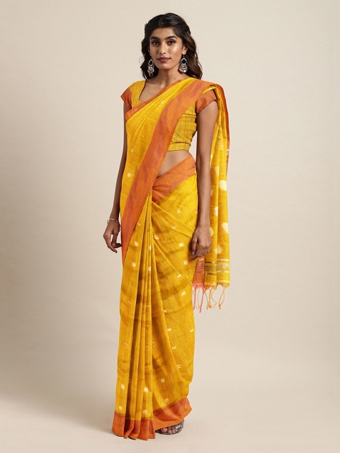 

Mitera Yellow Cotton Blend Printed Taant Saree