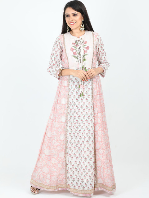 

SABOO COLLECTIONS Women Off-White & Pink Printed Maxi Dress