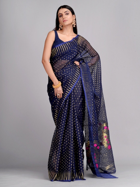 

Mitera Navy Blue Silk Cotton Woven Design Jamdani Saree