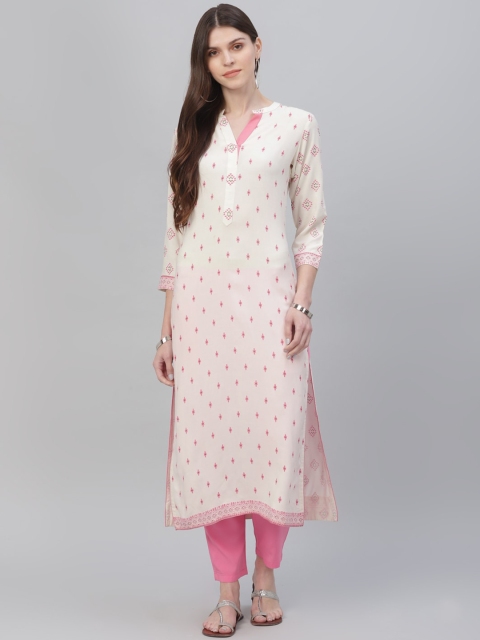 

GERUA Women Cream-Coloured & Pink Printed Kurta with Trousers