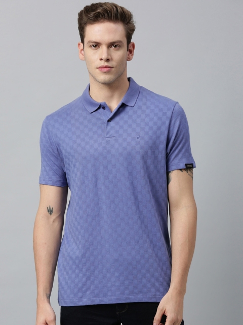 

RARE RABBIT Men Blue Self Checked Polo Collar T-shirt